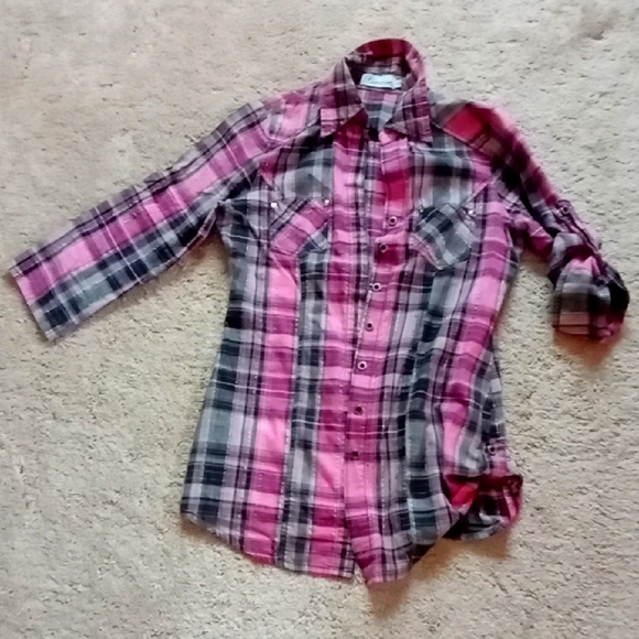 Pink, Grey, Black With Silver Metallic Stripes Button-Up Shirt - Picture 1 of 5